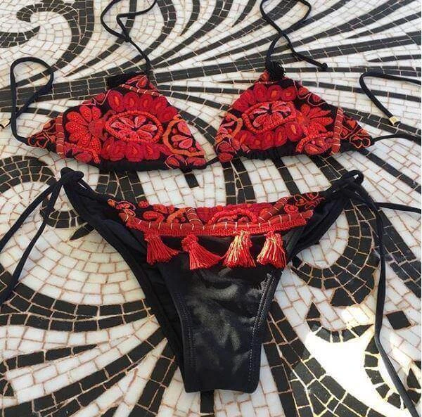 Aguaclara Swimwear Folk Embroidered Triangle Top & Side Tie Tassel Cheeky Bottom Bikini Set - Image 7