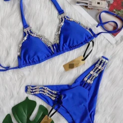 Designer Luxury Royal Blue W/ Rhinestone Triangle Top & Cheeky Bottom Set