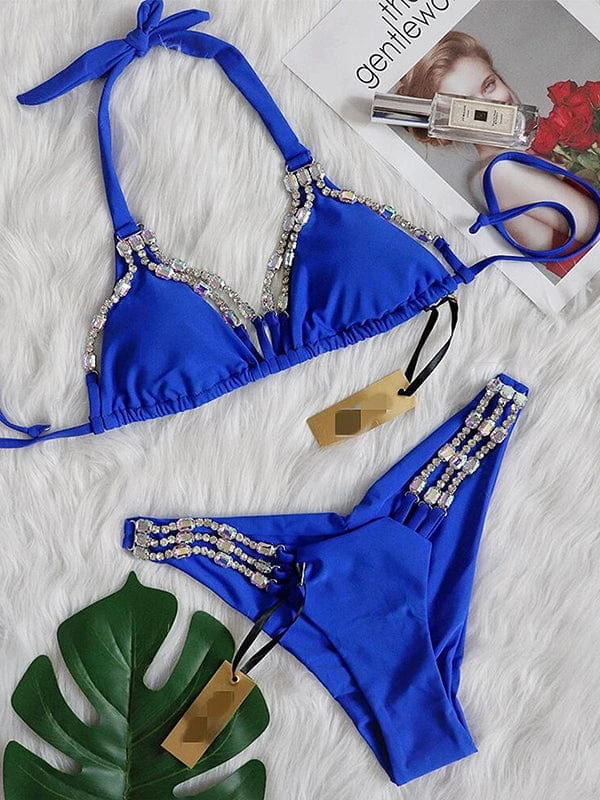 Designer Luxury Royal Blue W/ Rhinestone Triangle Top & Cheeky Bottom Set
