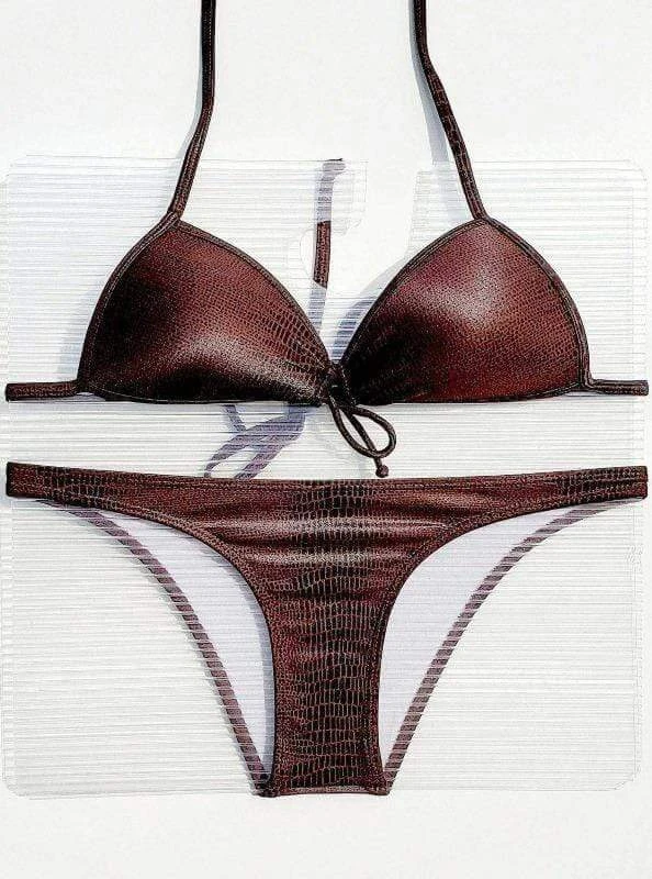 Brown Alligator Embossed Print Cheeky Bikini - Image 3