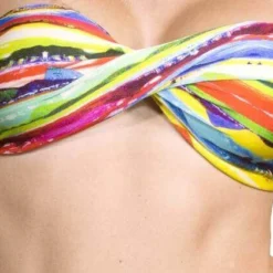 Rainbow Stripe Twisted Bandeau Bikini Top
