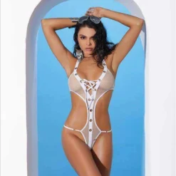 Extreme Micro Mesh Net Lace-Up Monokini One Piece G-String Thong Swimsuit