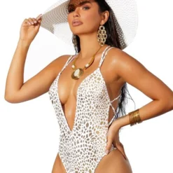 White W/ Gold Print Deep V Monokini One Piece G-String Thong Swimsuit