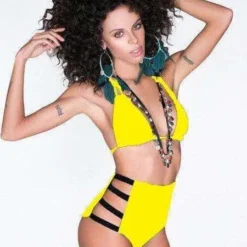 Lila Nikole Yellow W/ Black Strappy Triangle Top & High Waist Bottom Bikini Swimsuit
