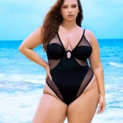 Black Mesh Cutout Underwire & Tie Back One Piece Swimsuit Plus Size