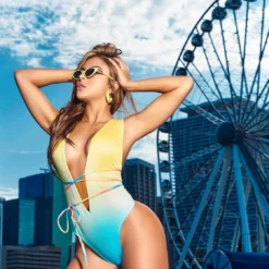 Yellow Ombre Print Deep Plunge One Piece Swimsuit