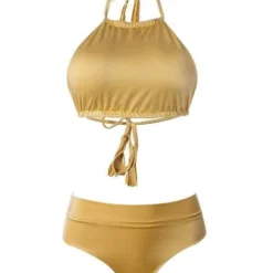 Liliana Montoya GAiA Bikini Gold Halter Top & High Waist Bottom Set