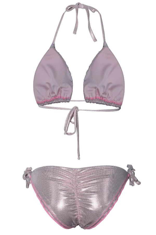 Sexy Pink Metallic Beaded Triangle Top & Cheeky Tie Side Bikini - Image 3