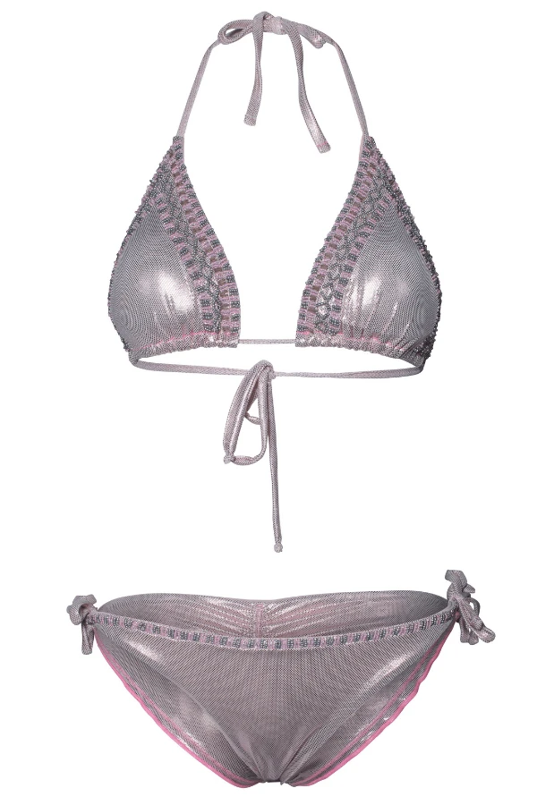 Sexy Pink Metallic Beaded Triangle Top & Cheeky Tie Side Bikini - Image 4