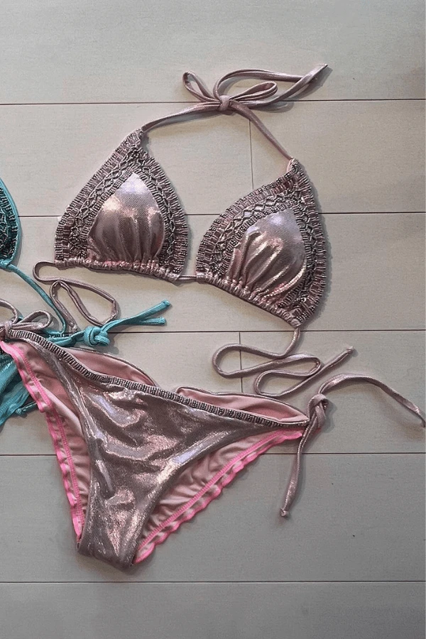 Sexy Pink Metallic Beaded Triangle Top & Cheeky Tie Side Bikini - Image 2