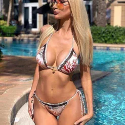 White Print W/ Mesh Insert Triangle Top & Thong Bottom Set